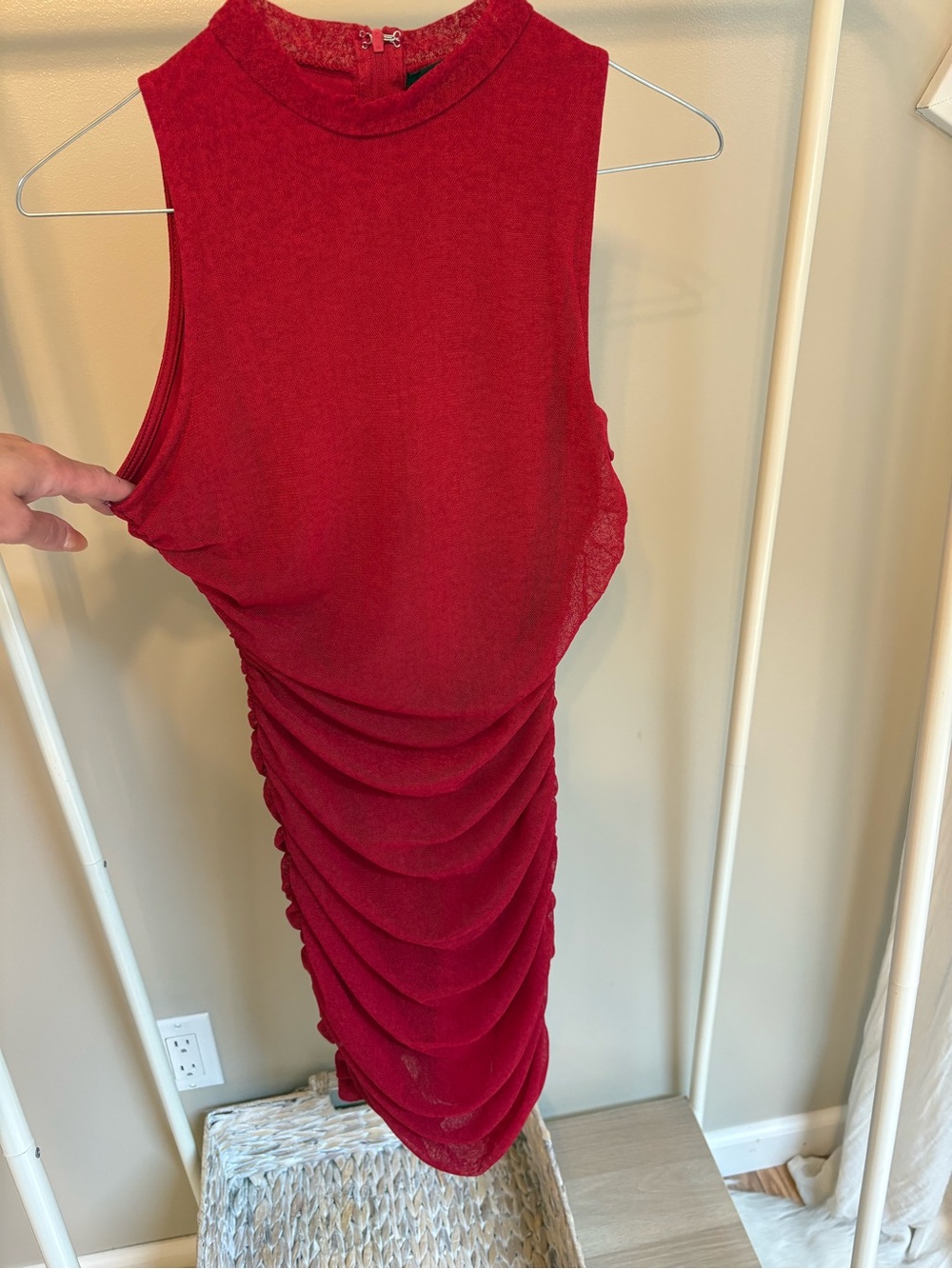 Lulu’s Modern Movement Red Mesh Ruched Mock Neck Mini Dress